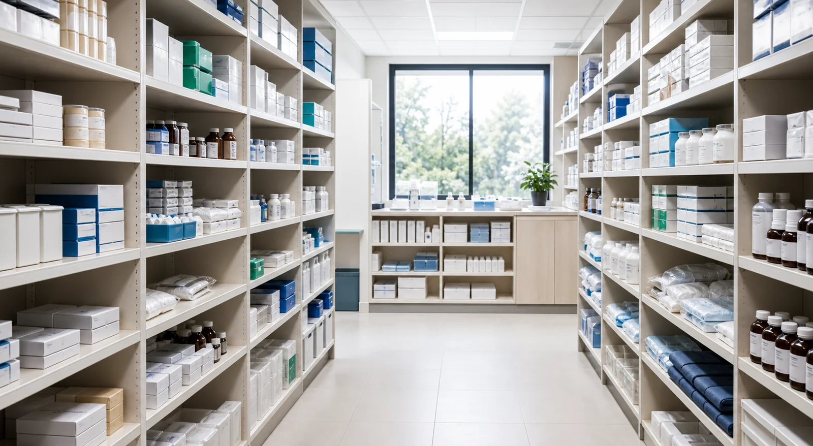 Stock organizado de medicamentos e insumos médicos en empaques genéricos